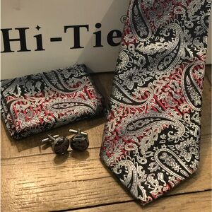Men’s Necktie Set, Black & Red Paisley